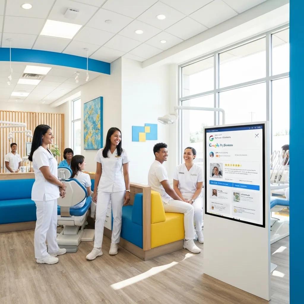 Modern dental practice reception with staff and Google My Business profile