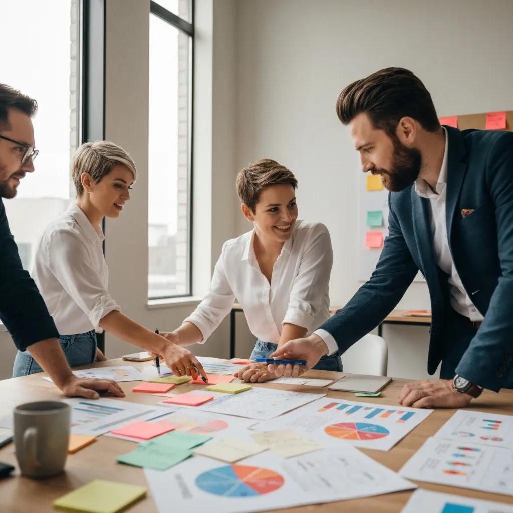 A small dental marketing team working together on patient personas, showing collaboration and planning