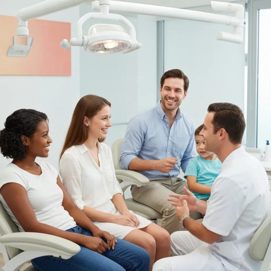 Diverse dental patients interacting with a friendly dentist in a modern clinic, highlighting patient care and engagement