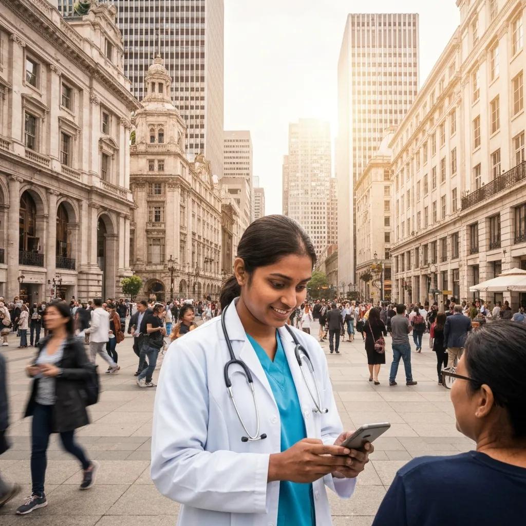 Healthcare professional accessing a mobile-optimized website in a modern clinic