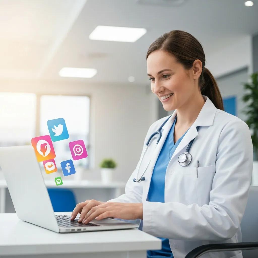 Healthcare professional creating social media ads in a modern clinic setting