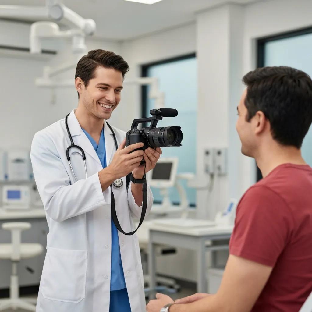 Healthcare professional recording a patient testimonial video in a modern clinic