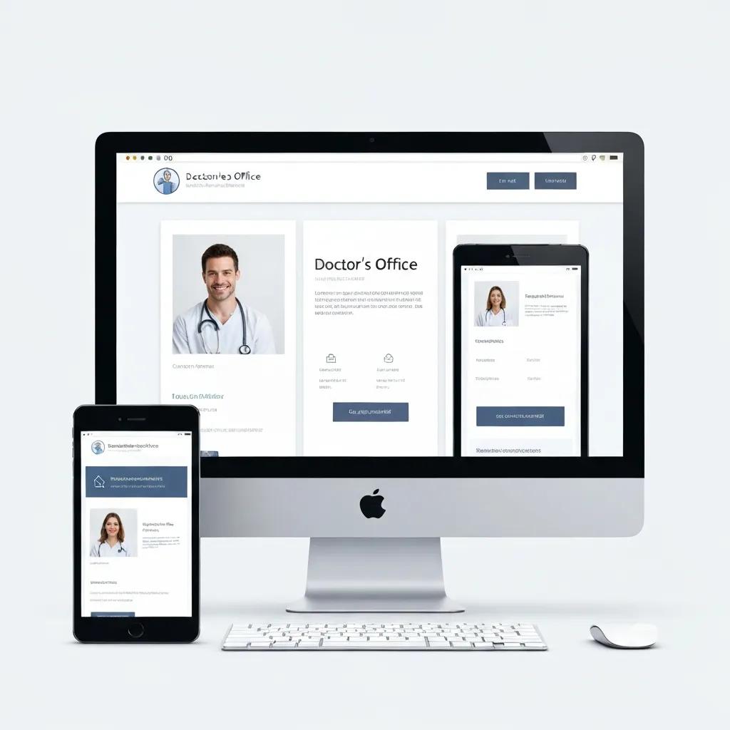 Illustration showing a responsive healthcare website adapting to phones, tablets and desktops