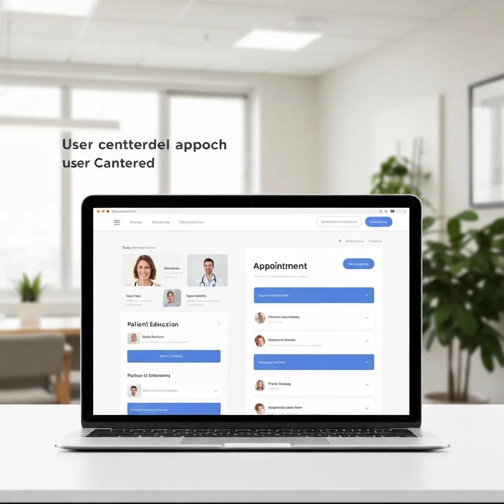 Modern healthcare website interface on a laptop in a welcoming medical office