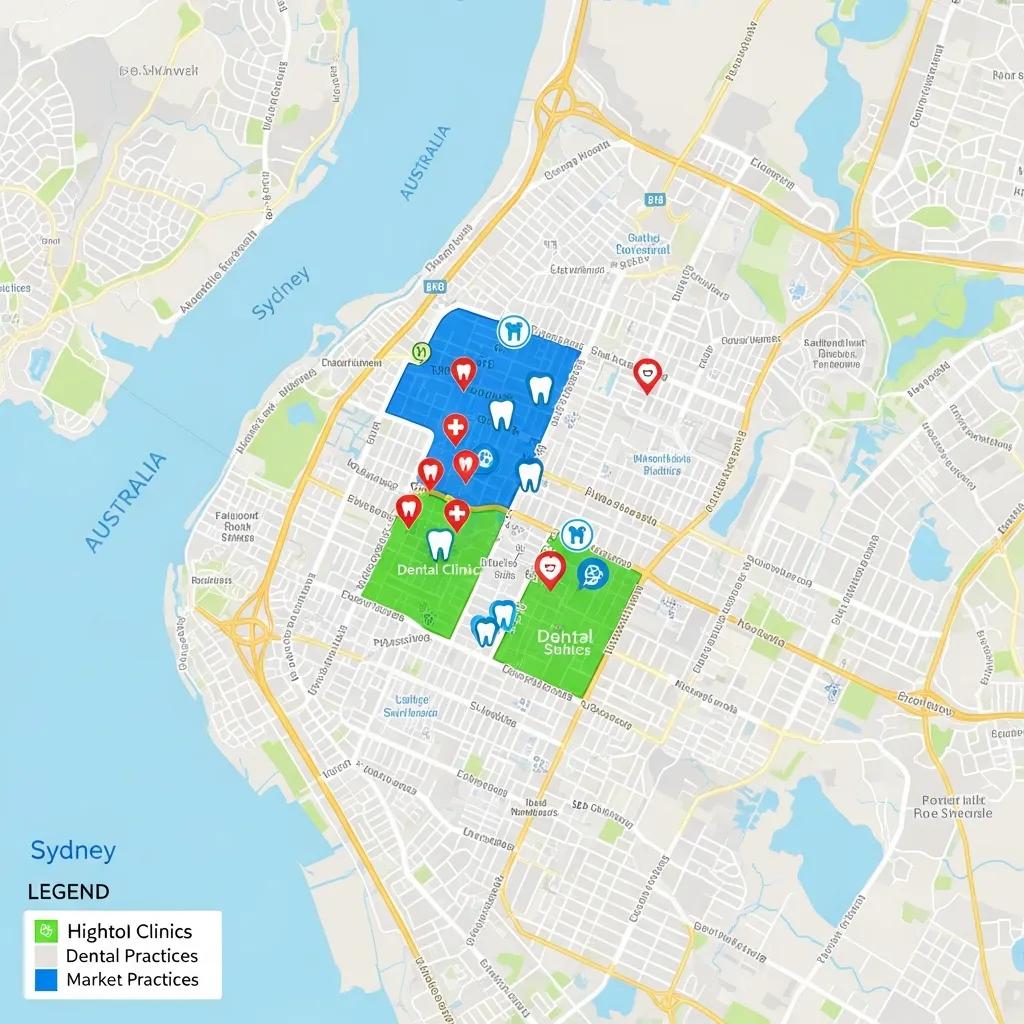 Map of Sydney highlighting dental clinics and targeted suburbs for effective local advertising
